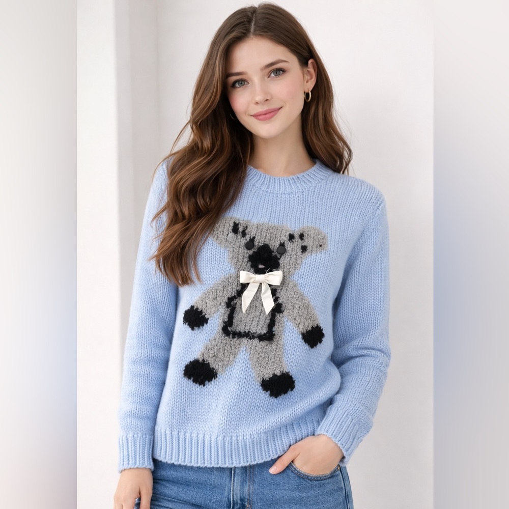 Vintage Evian II Cottagecore Teddy Bear Hand Knit‎ Soft Girl Sweater XS–S